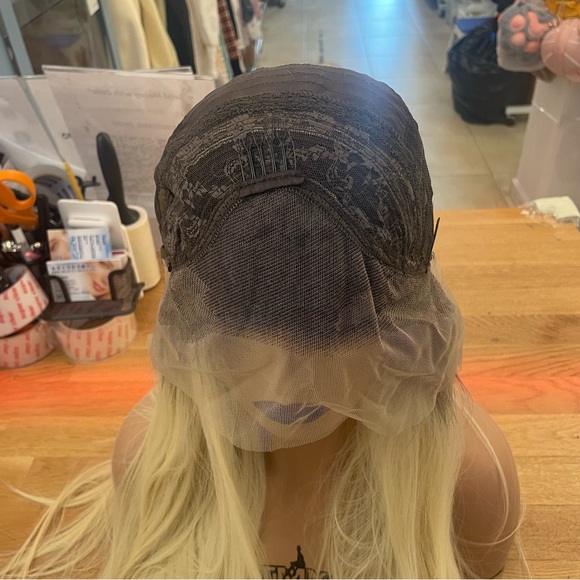 - human hair blend lace front platinum blonde wig.